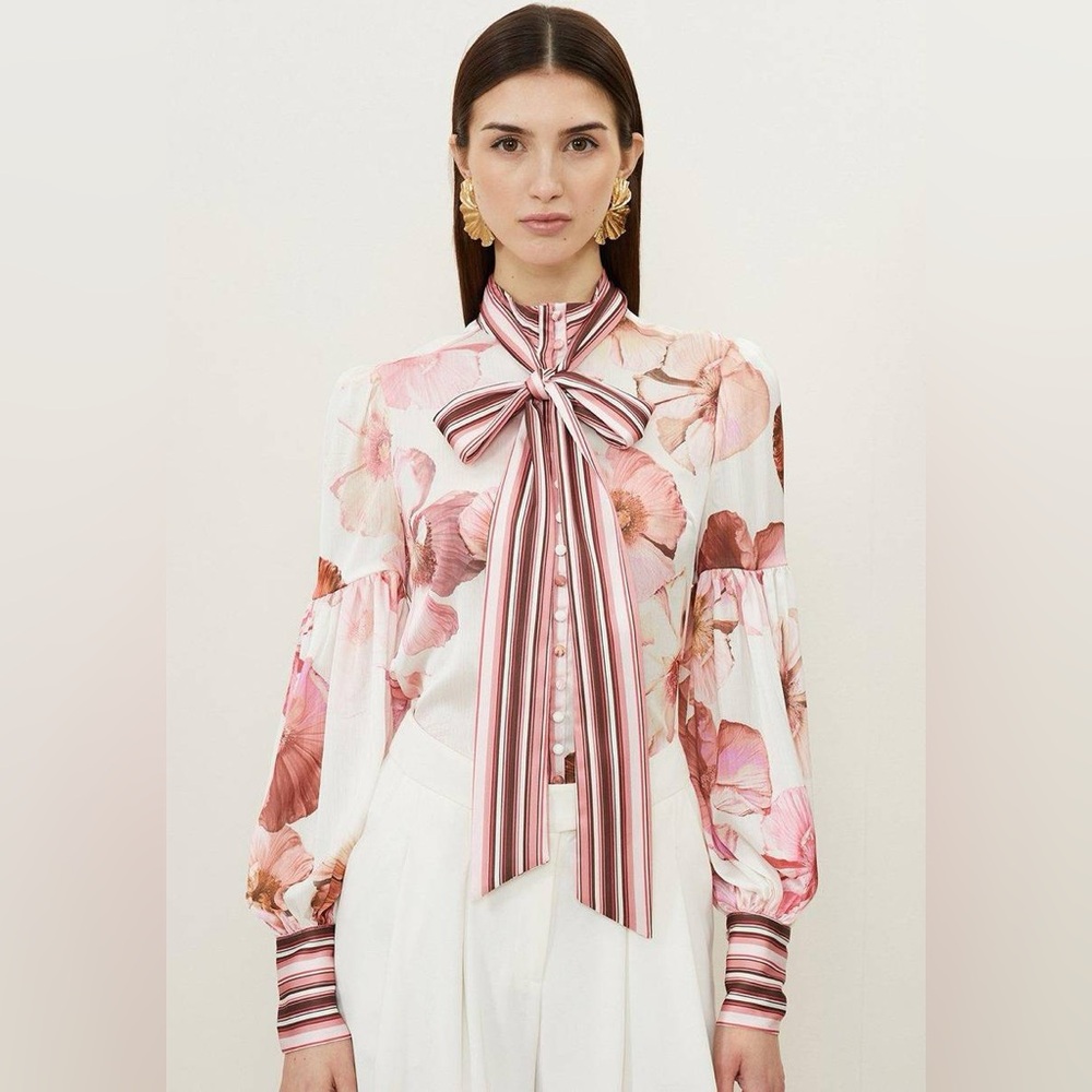 Karen Millen Floral Printed Tie Neck Bow Blouse Pink Sheer US 4
